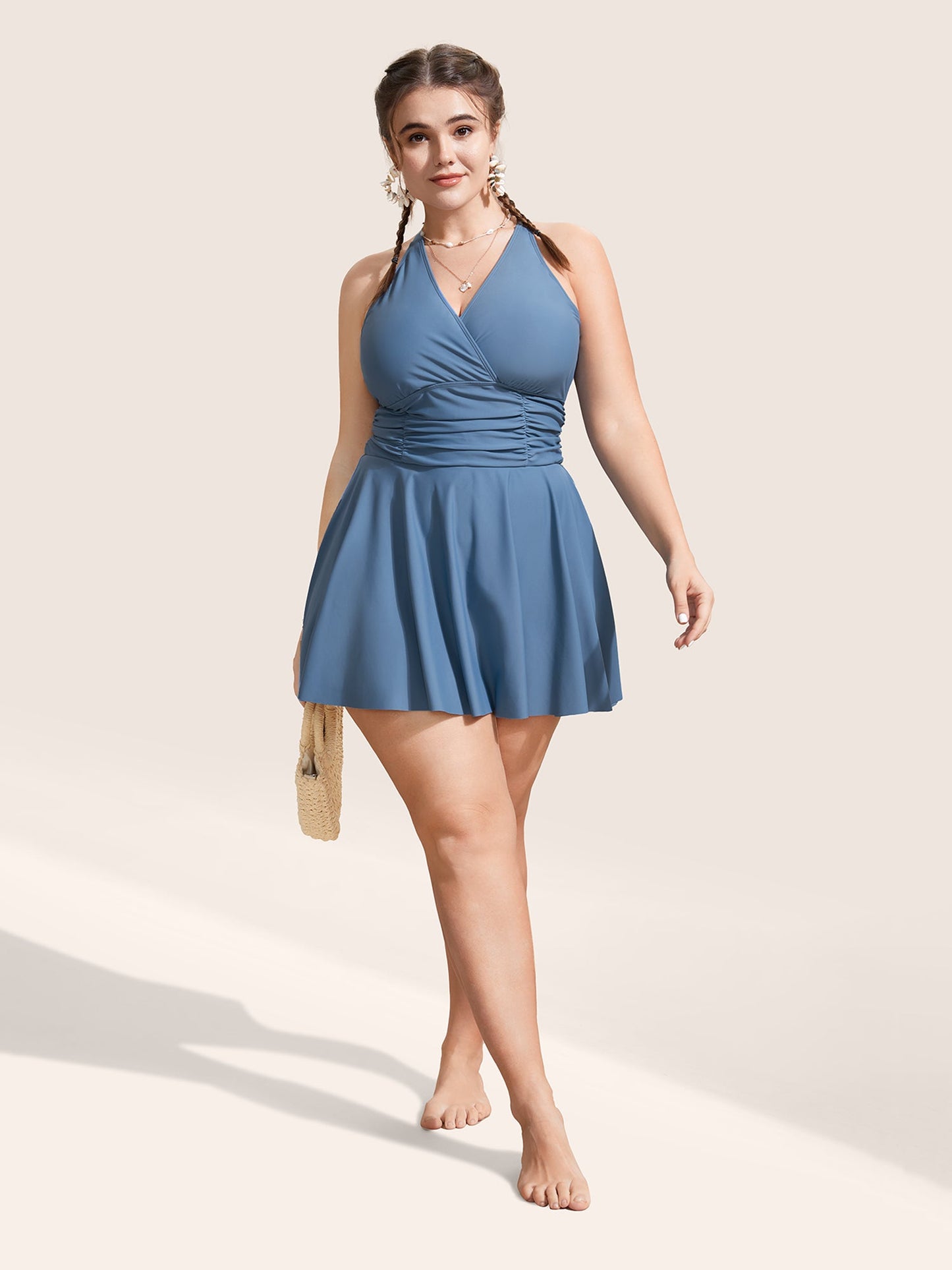 Plain Overlap Collar Ruched Swim Dress