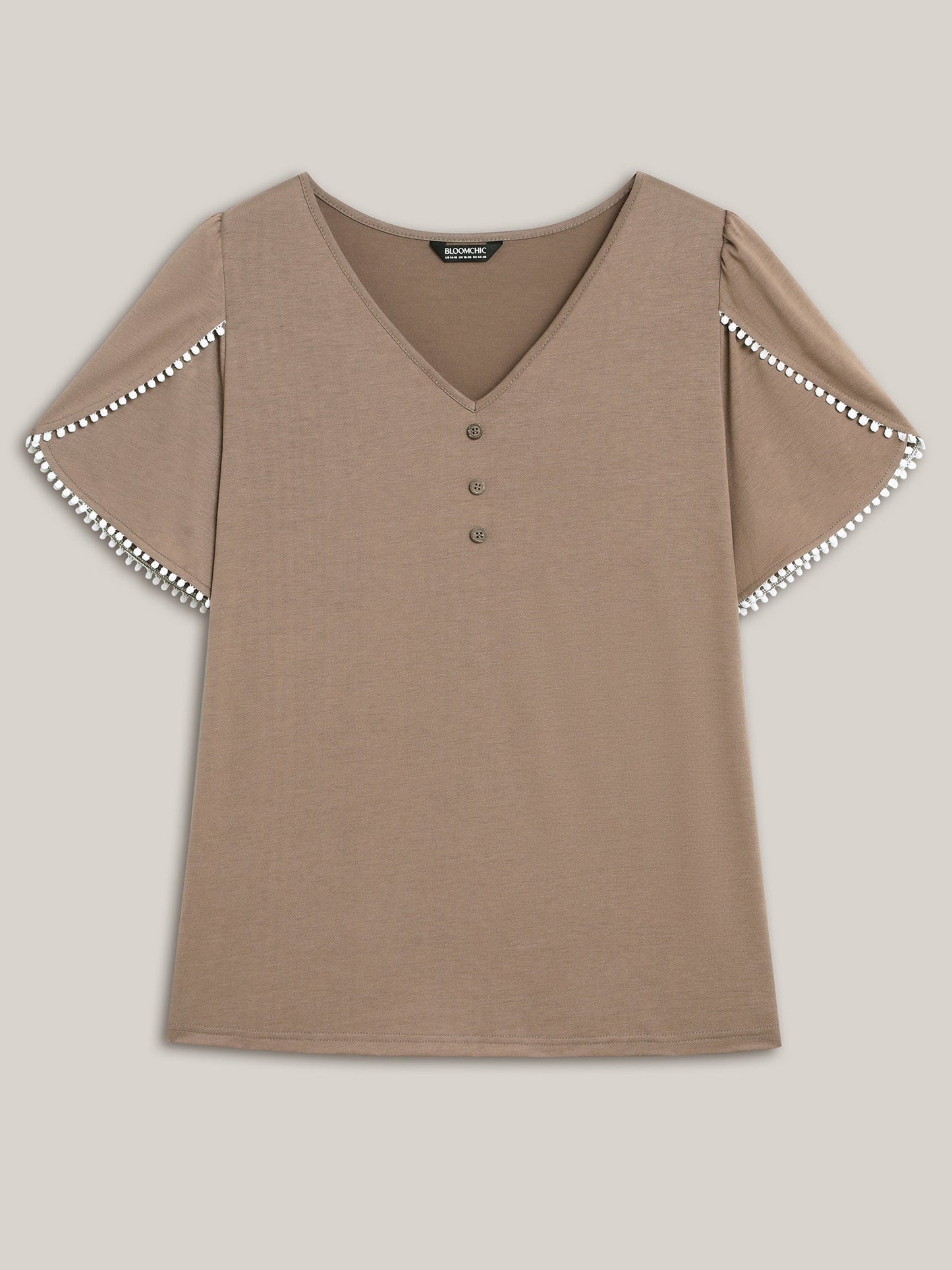 Petal Sleeve Lace Button Solid T-Shirt