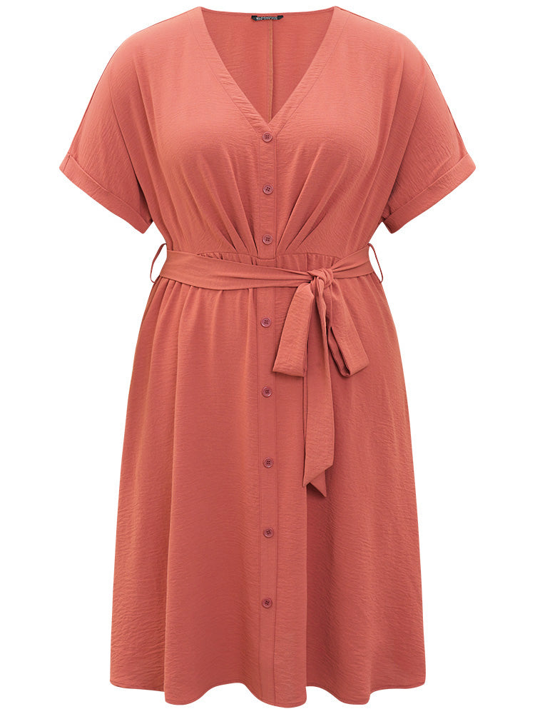 Solid Pocket Button Detail Ties Roll Sleeve Dress