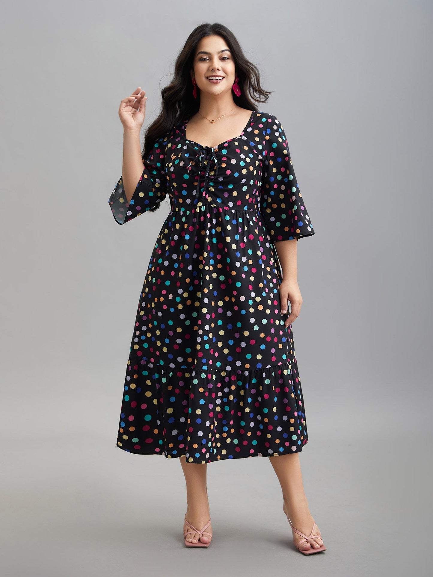 Multi-Color Dots Sweetheart Neckline Midi Dress