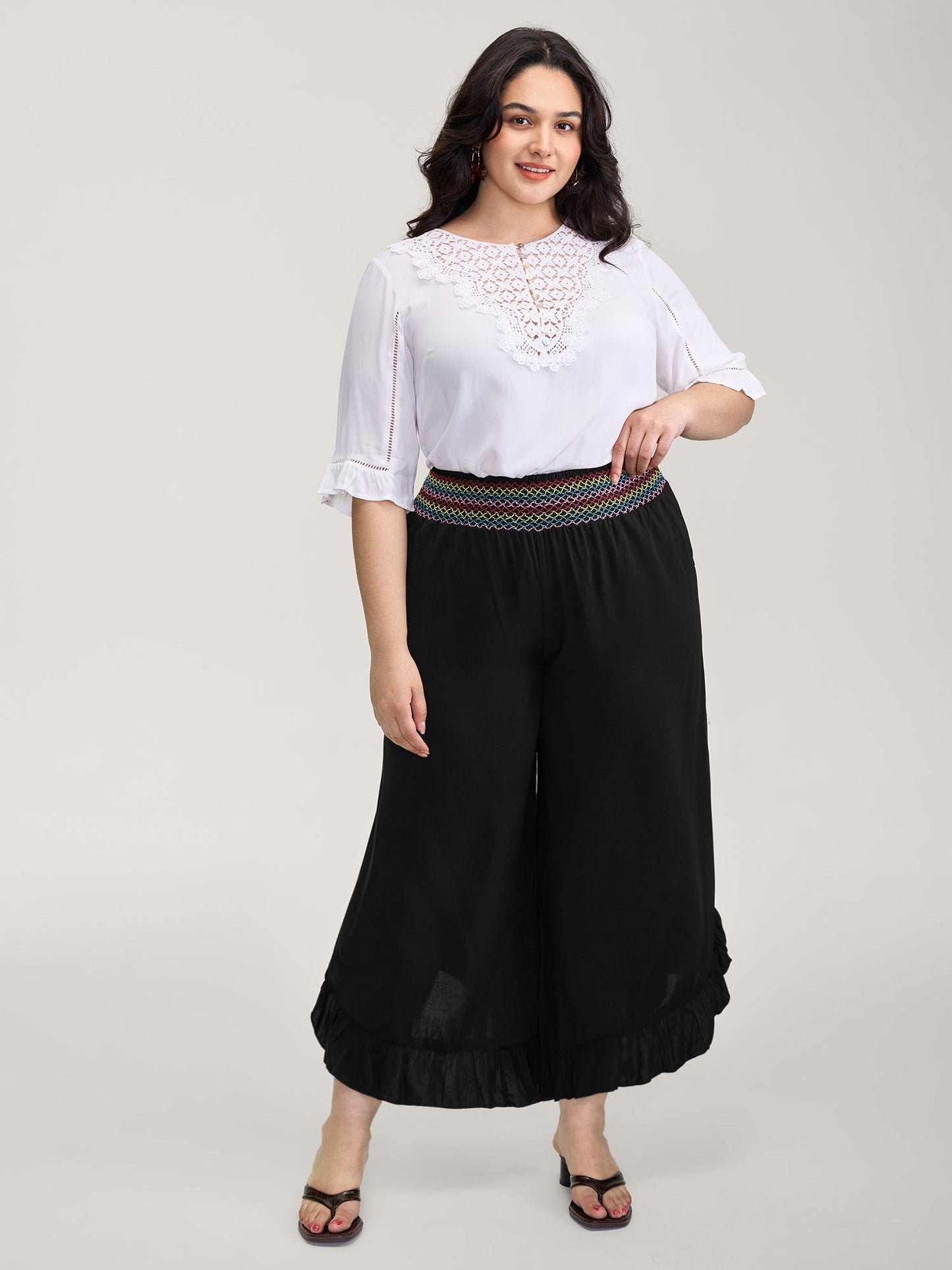 Colorful Shirred Waistband Ruffled Hem Pants