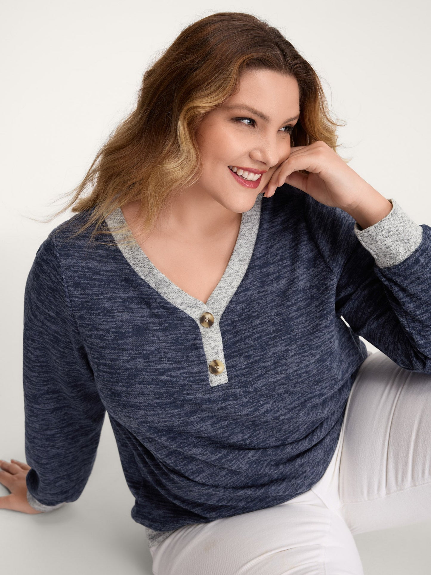Color Contrast V-Neck Button Sweatshirt