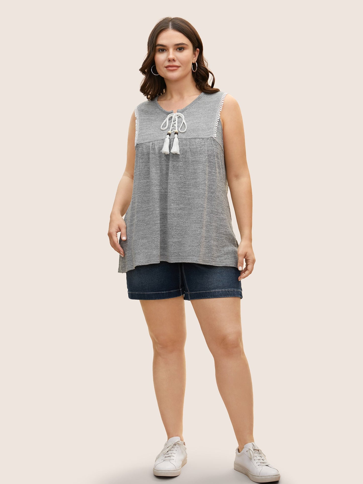 Textured Lace Up Tassel Pompom Trim Tank Top