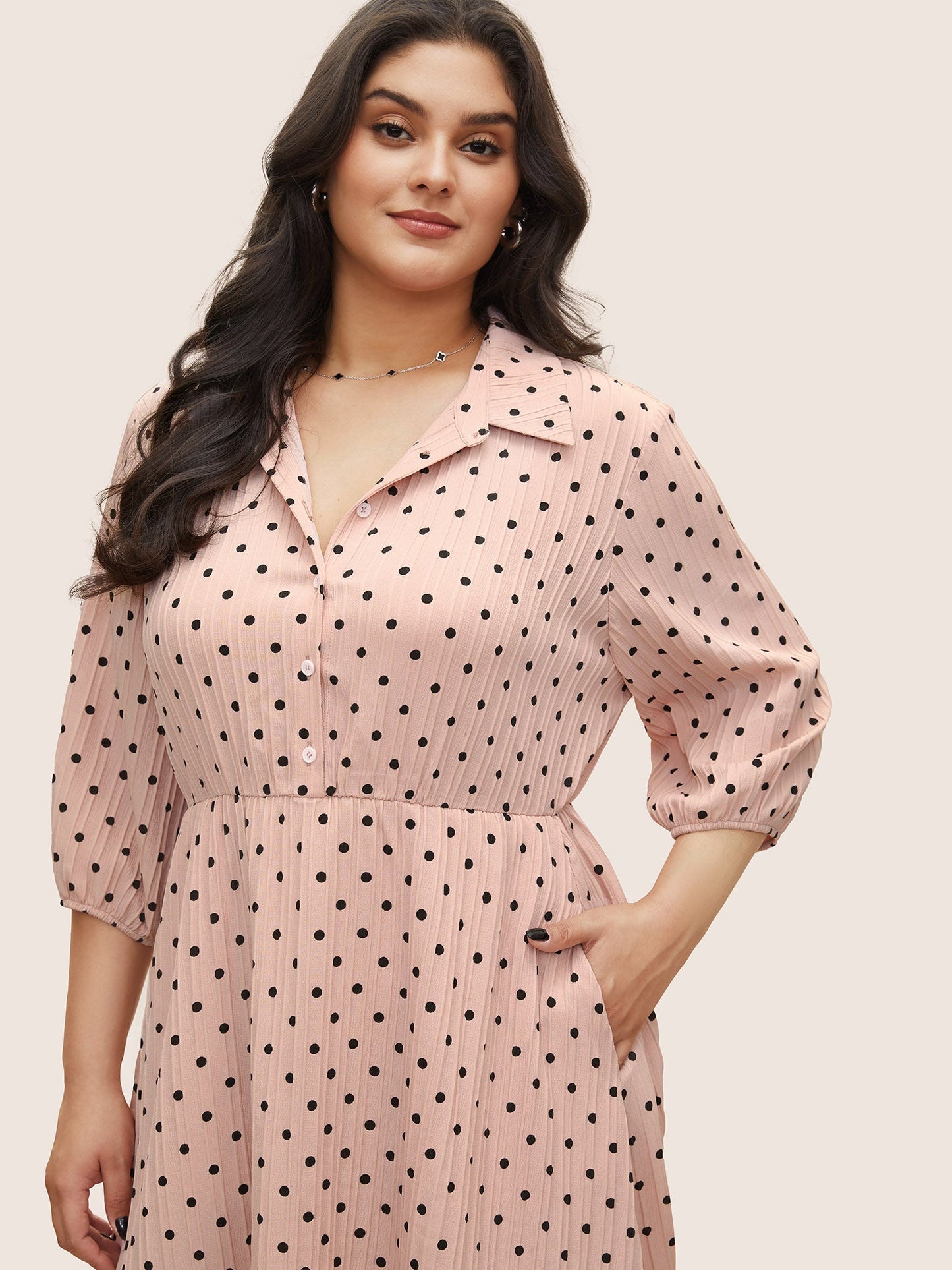 Polka Dot Textured Elastic Waist Button Up Dress