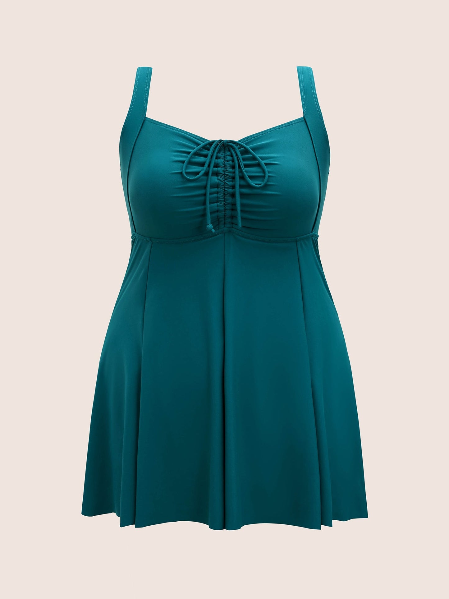Heart Neckline Drawstring Patchwork Pleated Swim Dress