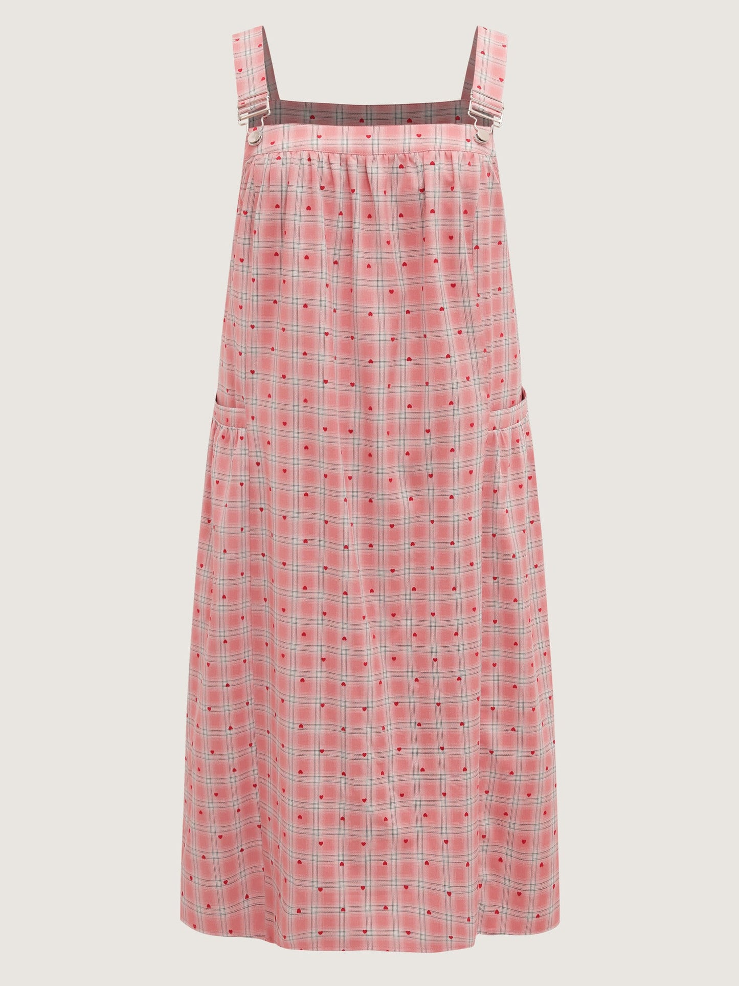 Gingham Overall Adjustable Pockets Midi Dress