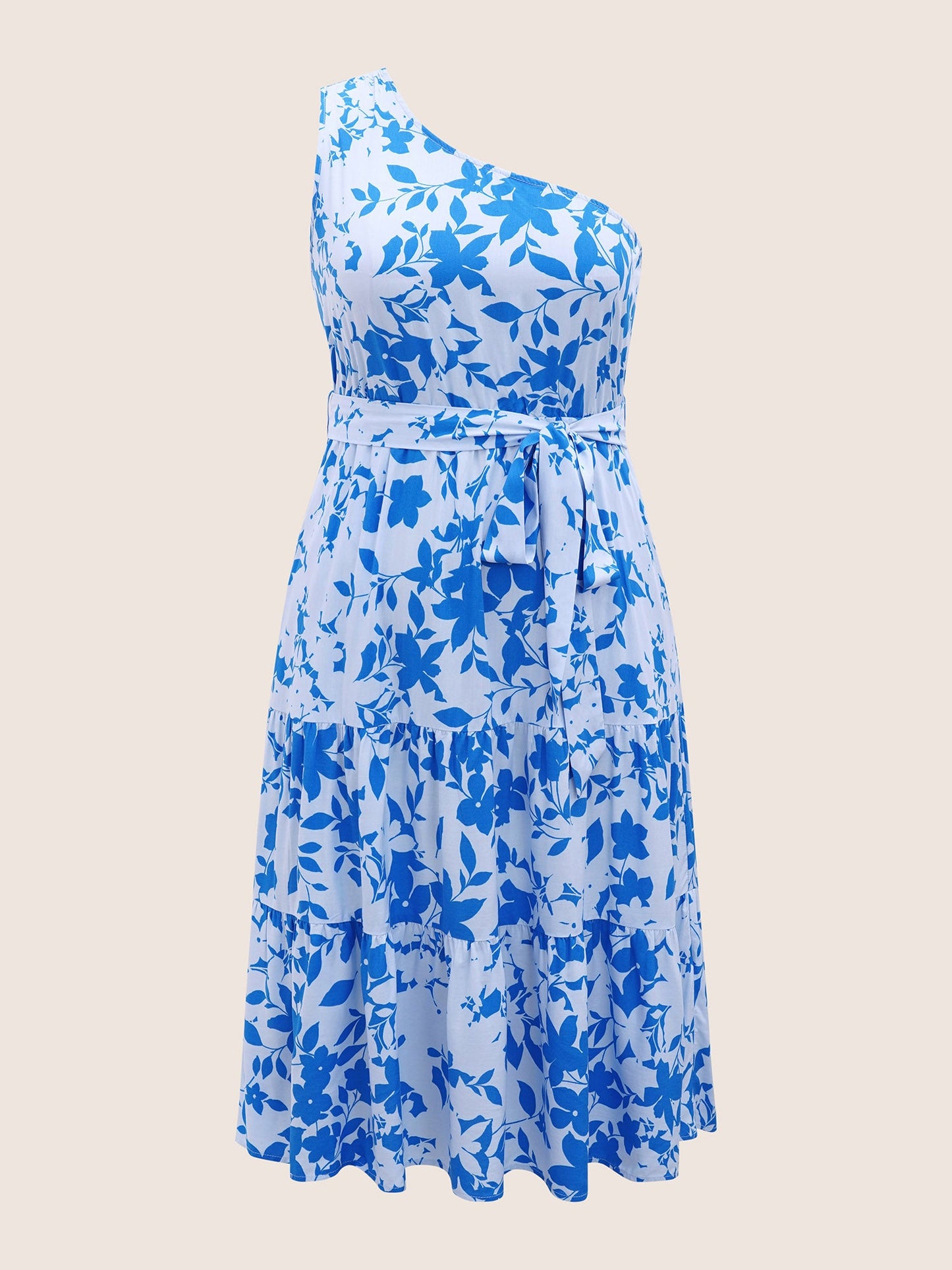 Silhouette Floral Print One Shoulder Belted Dress