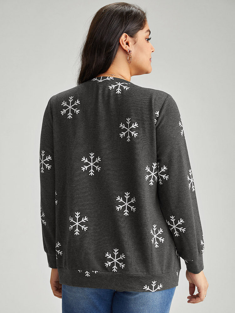 Snowflake Print Round Neck Sweatshirt