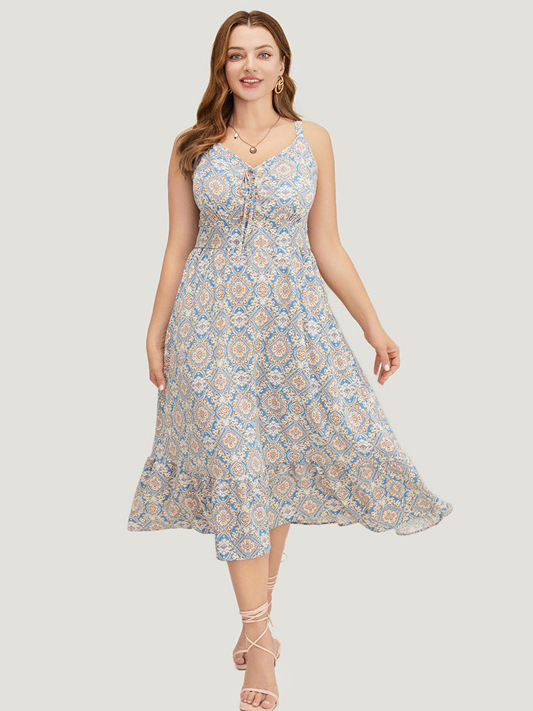 Bandana Knotted Pocket Ruffle Hem Empire Waist Cami Dress