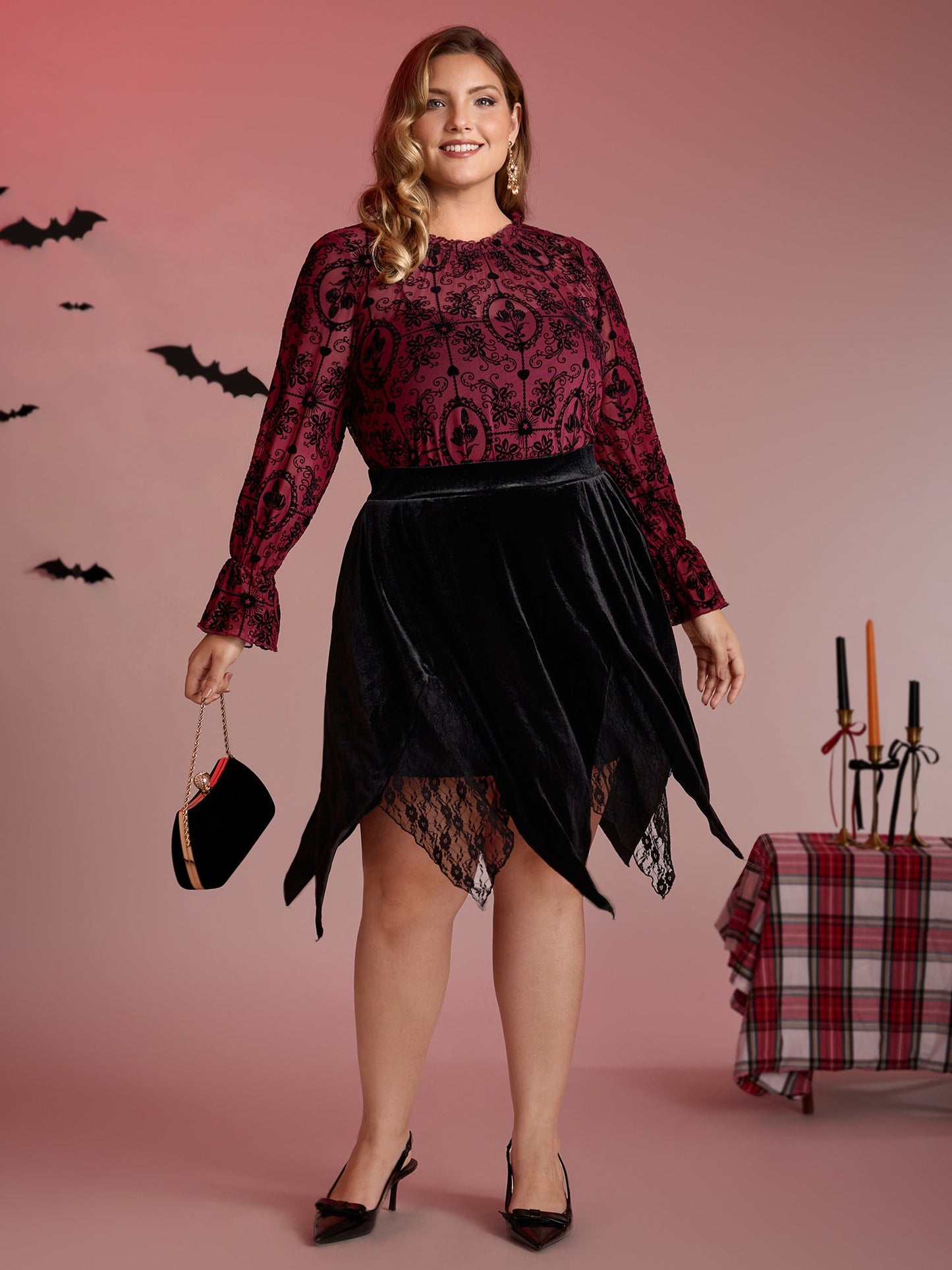 Handkerchief Hem Lace Trim Midi Skirt