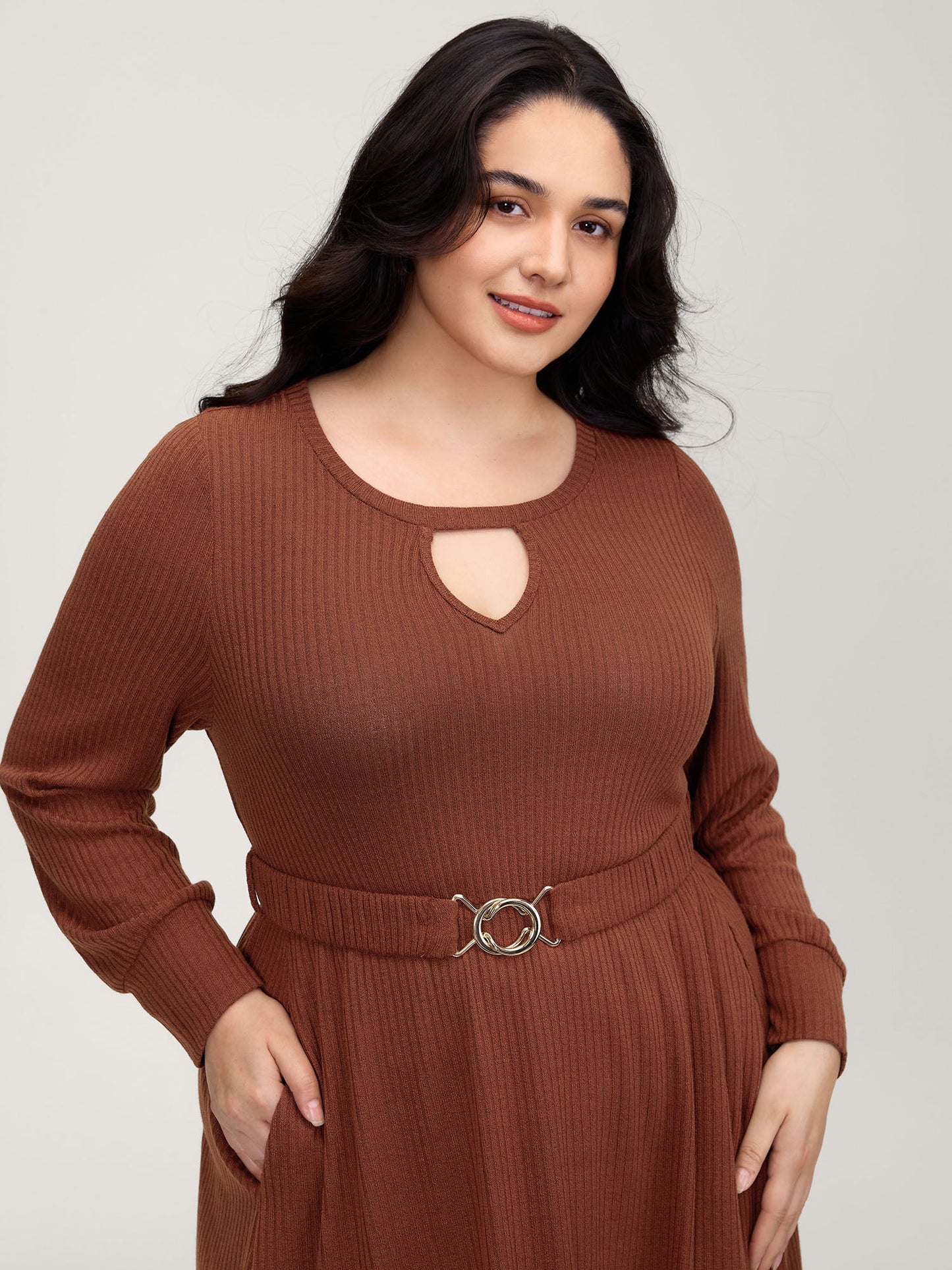 Heather Ribbed Stretchy Metal Buckle Maxi Dress