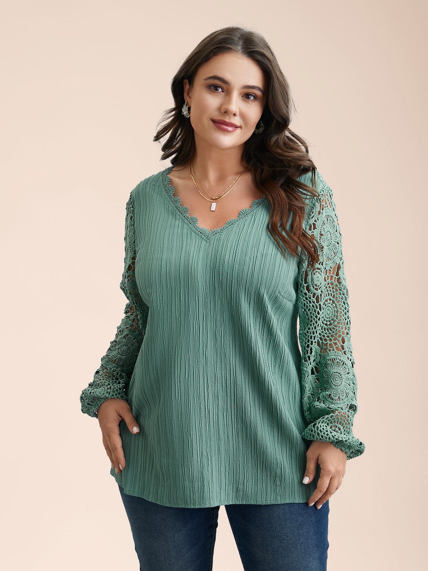 Scalloped Lace Textured Sheer Sleeve Blouse