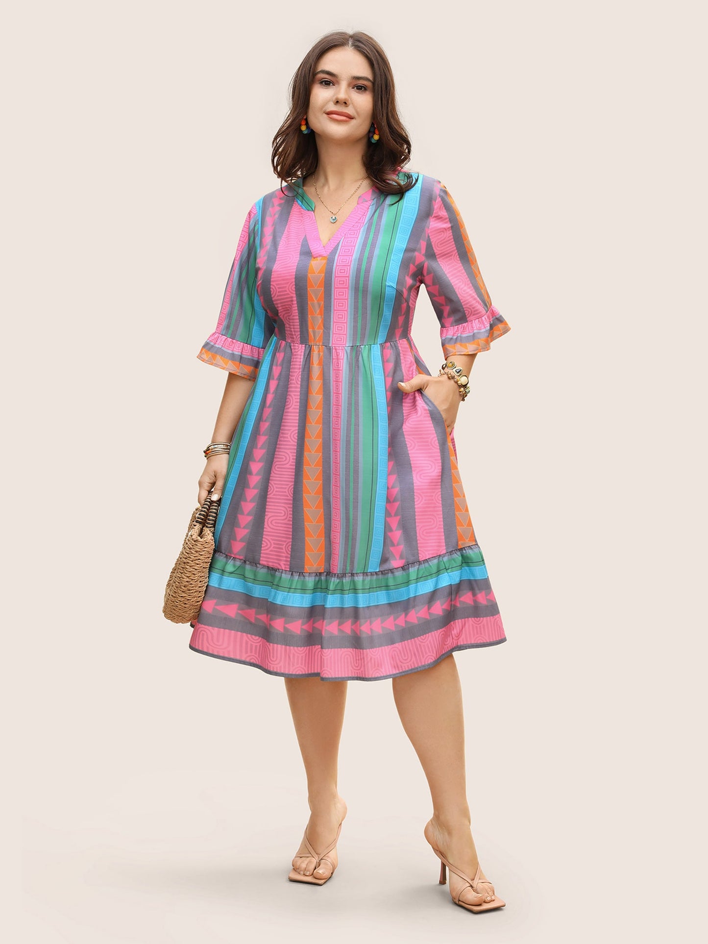 Notched Collar Geometric Striped Ruffle Sleeve Dress