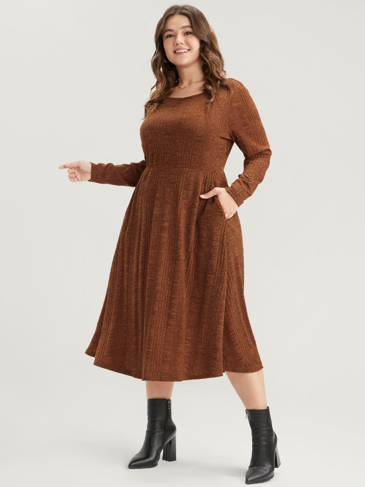 Solid Round Neck Pocket Rib Knit Dress Without Belt
