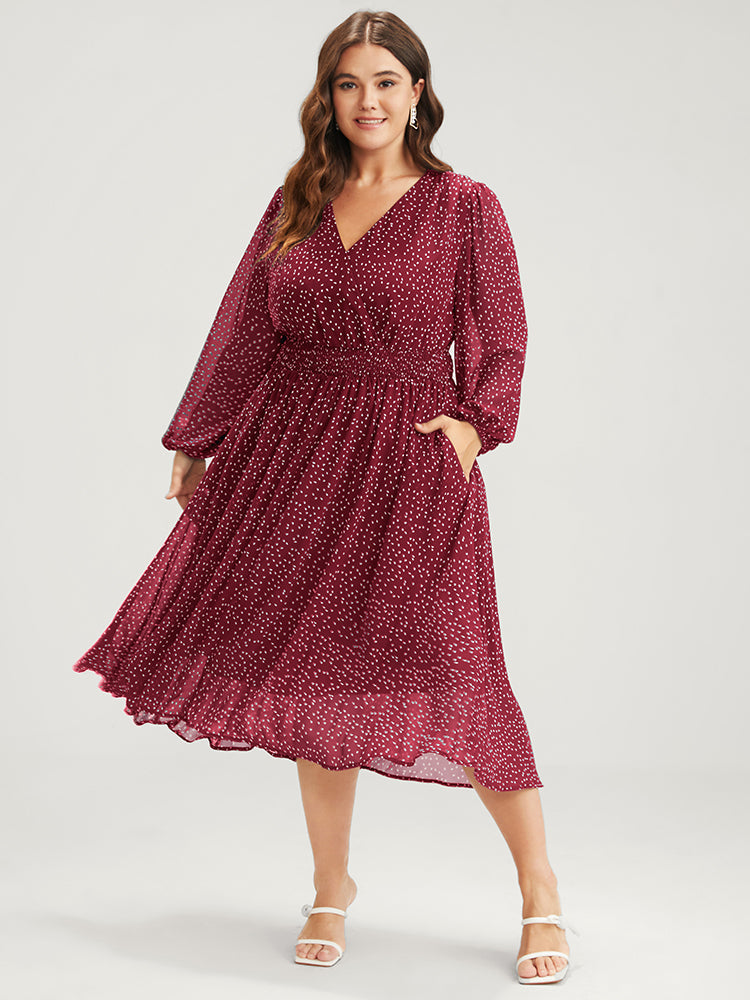 Polka Dot Lantern Sleeve Pocket Shirred Flutter Dress
