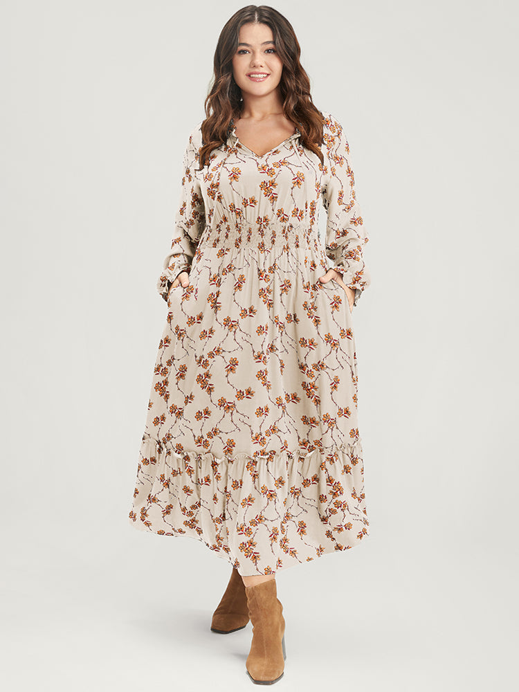 Floral Lantern Sleeve Pocket Tie Neck Shirred Midi Dress