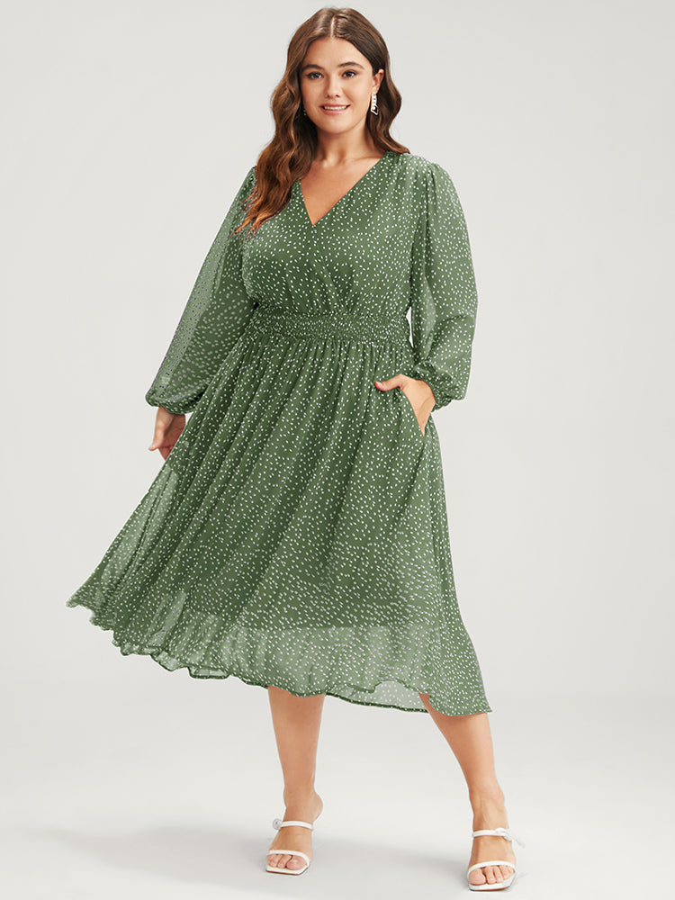 Polka Dot Lantern Sleeve Pocket Shirred Flutter Dress