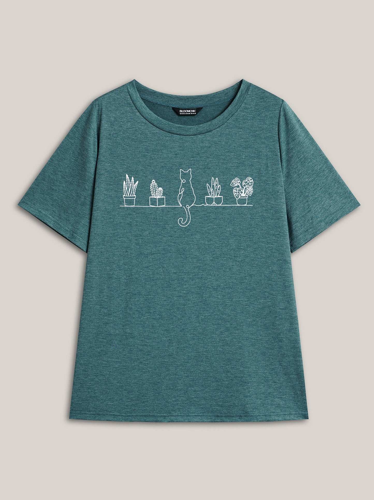Cat Print Crew Neck Stretchy T-Shirt