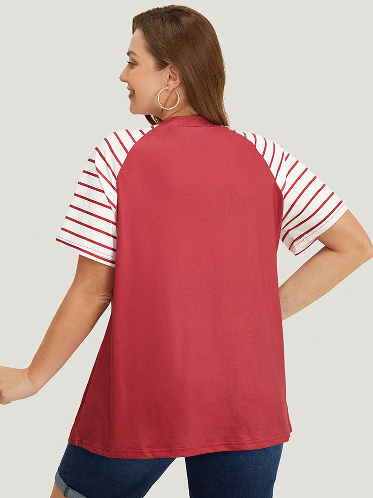 Striped Contrast Raglan Sleeve V Neck T-shirt