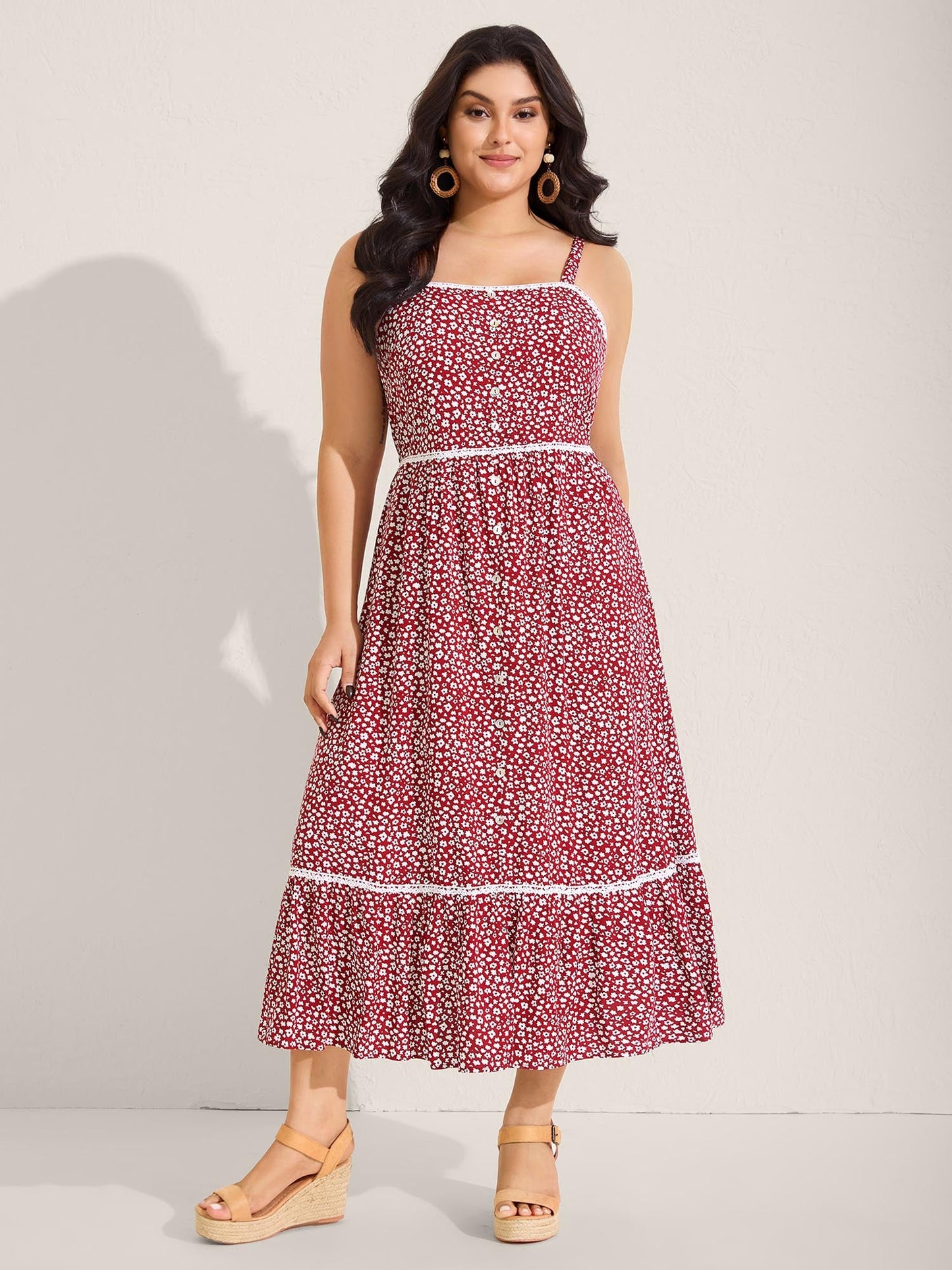 Ditsy Floral Print Lace Trim Cami Dress