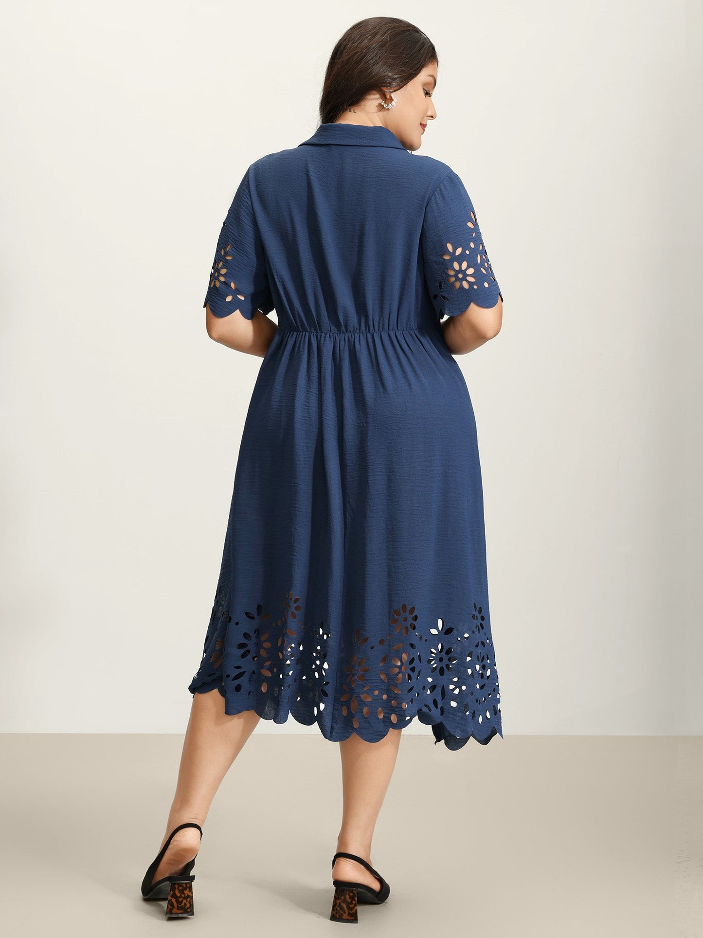 Laser Cut Scalloped Hem Waist-Tie Midi Dress