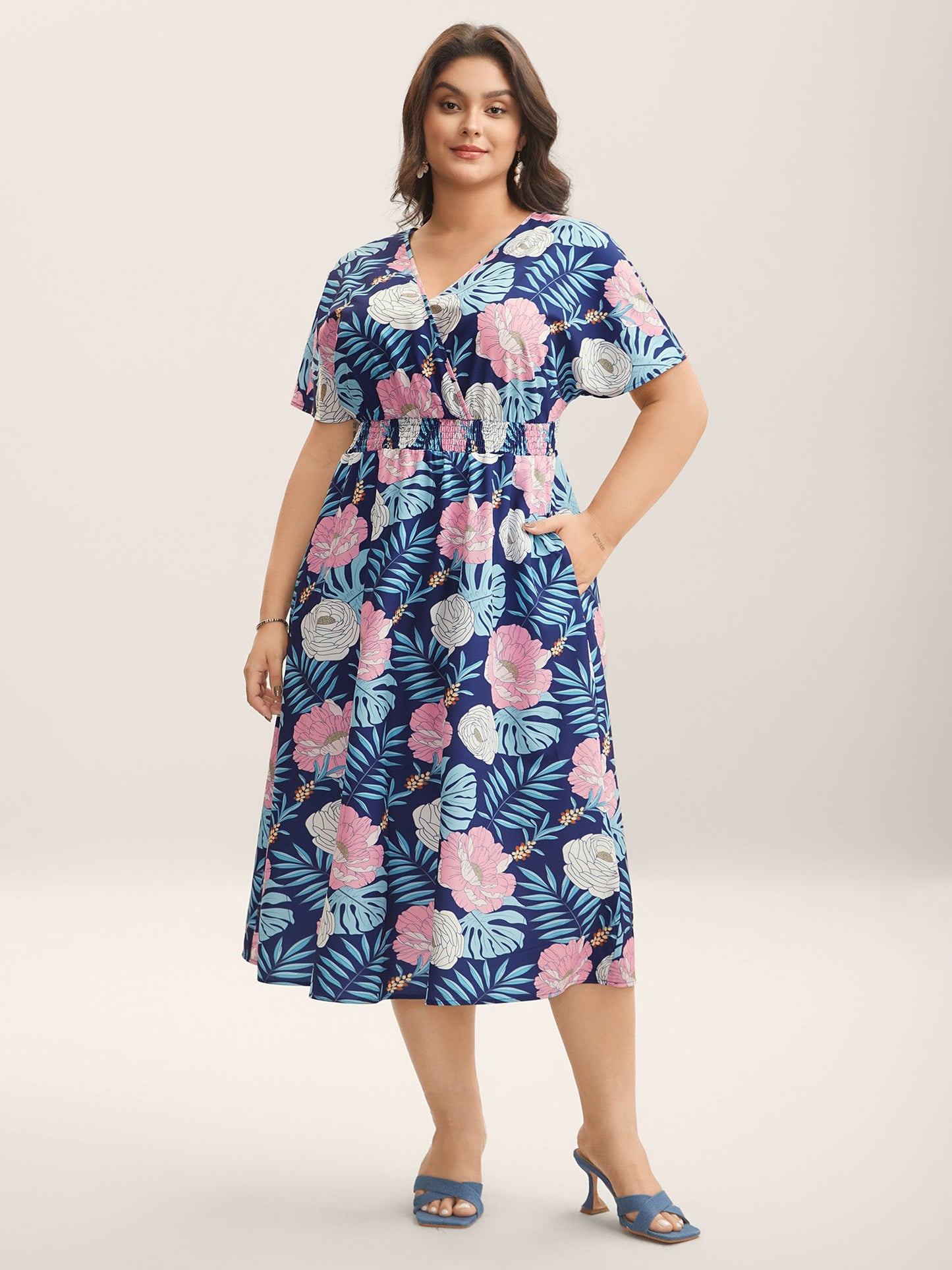 Tropical Print Back-Tie Shirred Midi Dress