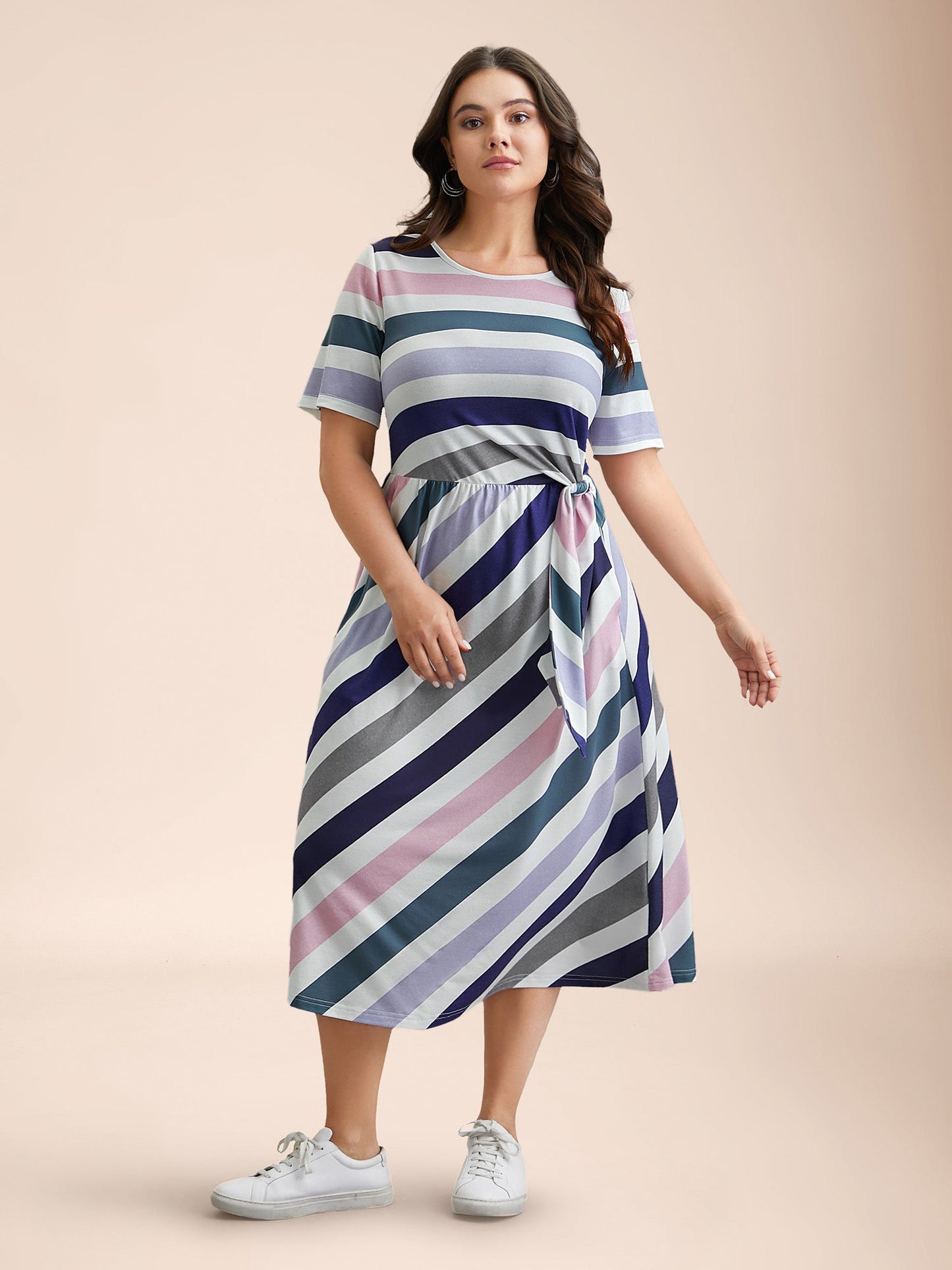 Striped Waist-Tie Half Sleeve Midi Dress