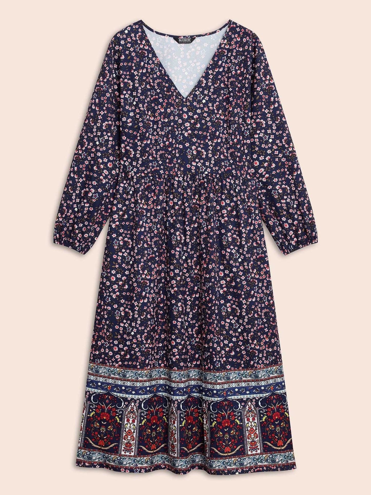 Boho Print Lantern Sleeve Midi Dress