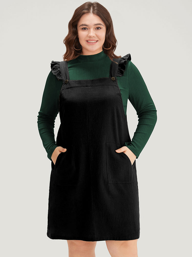Solid Square Neck Button Up Pocket Ruffle Trim Cami Dress
