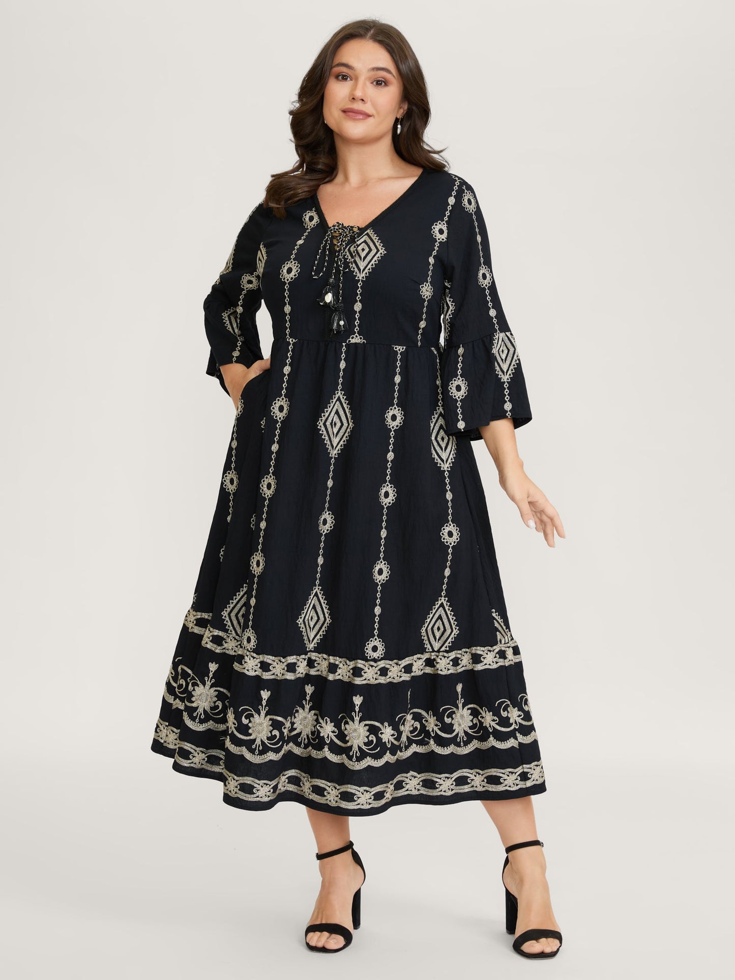 Gold Thread Embroidery Flared Sleeve Midi Dress