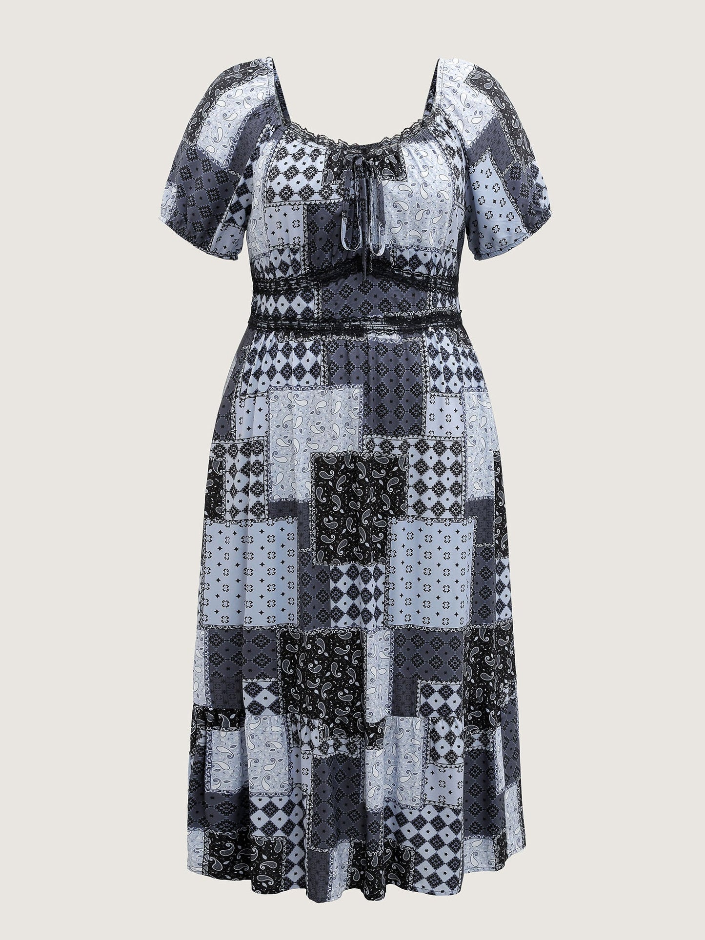 Paisley Collage Print Lace Trim Midi Dress