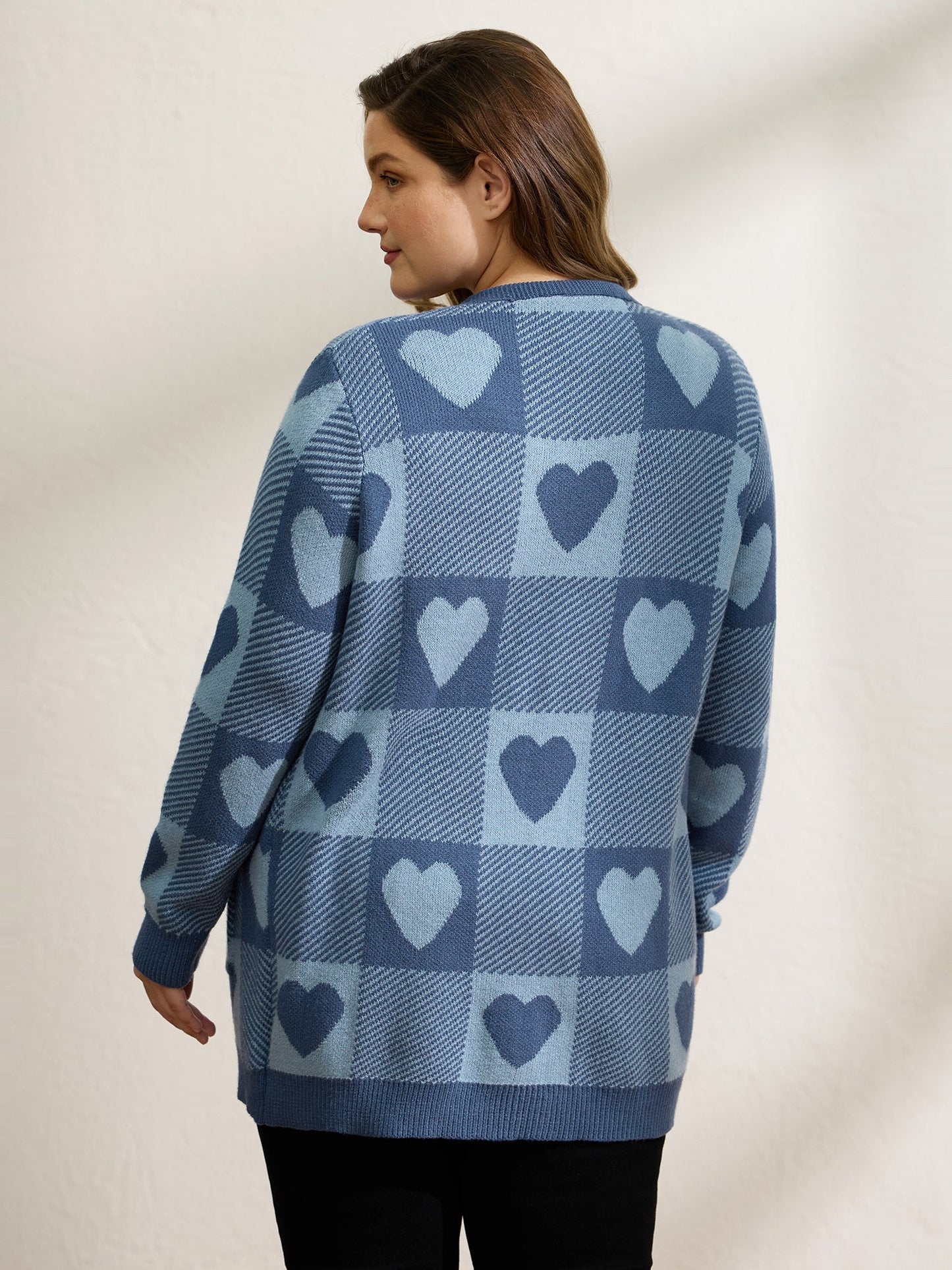 Checkered Hearts Jacquard Pockets Knit Cardigan