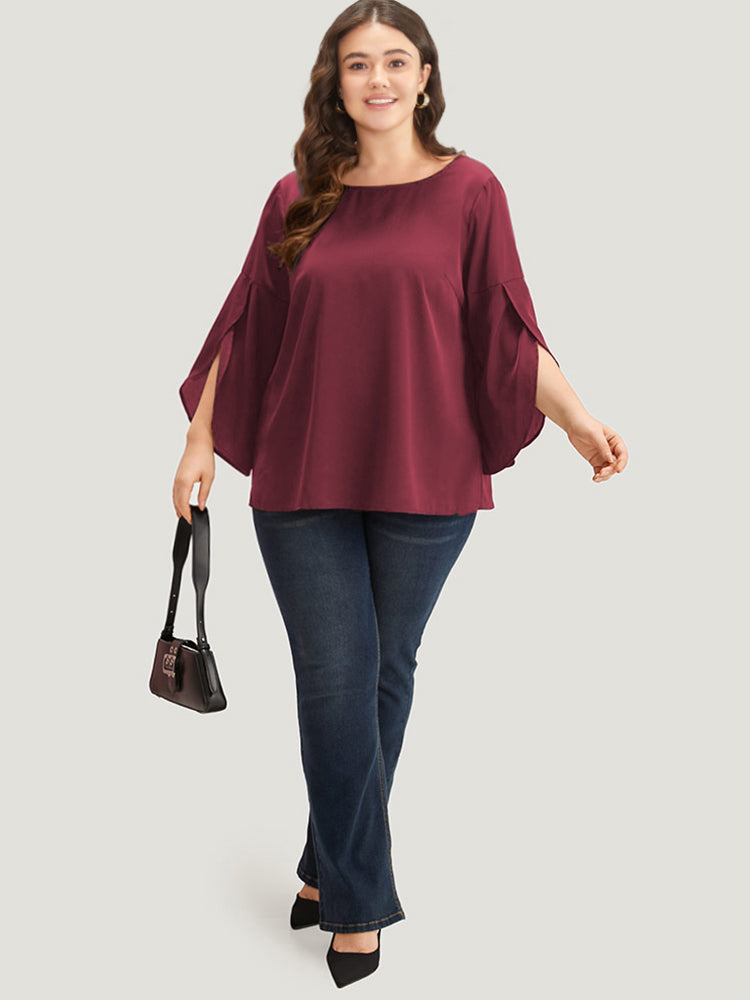 Plain Wrap Flutter Sleeve Crew Neck Blouse