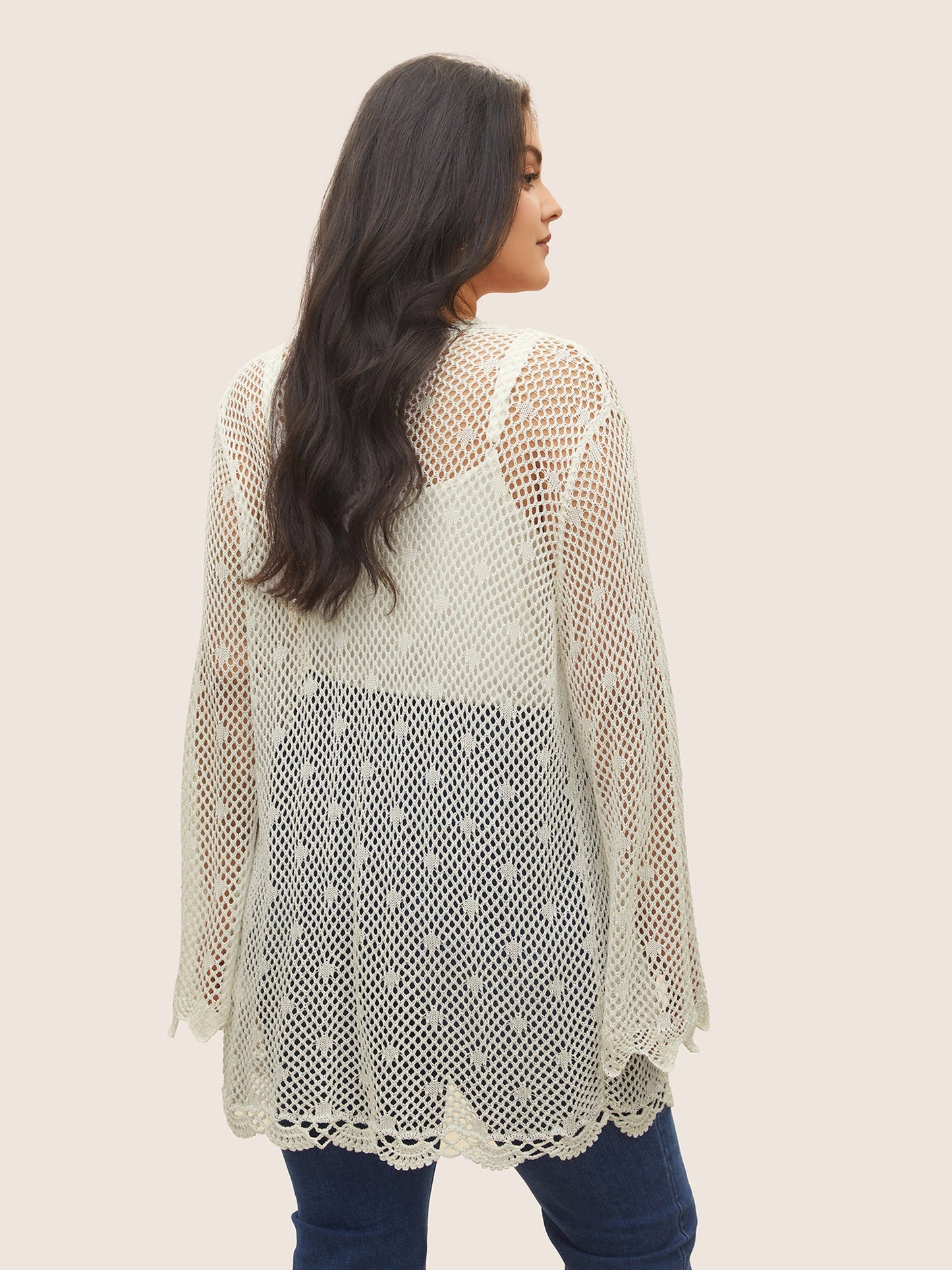 Pointelle Knit Ties Lace Panel Bell Sleeve Cardigan