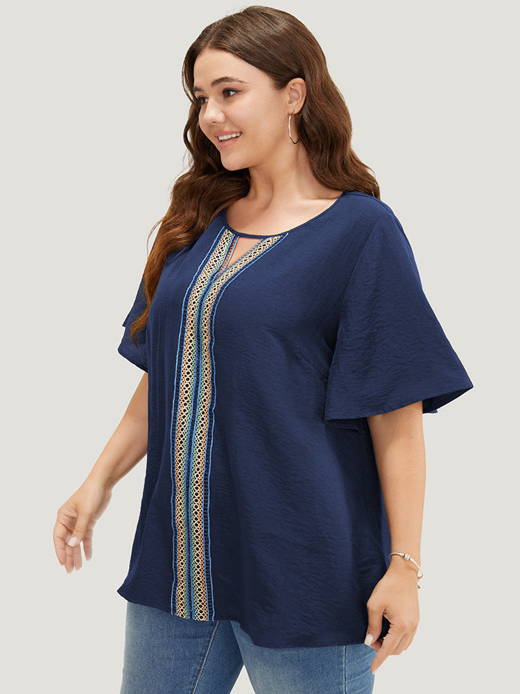 Plain Contrast Tape Keyhole Neck Ruffle Sleeve Blouse