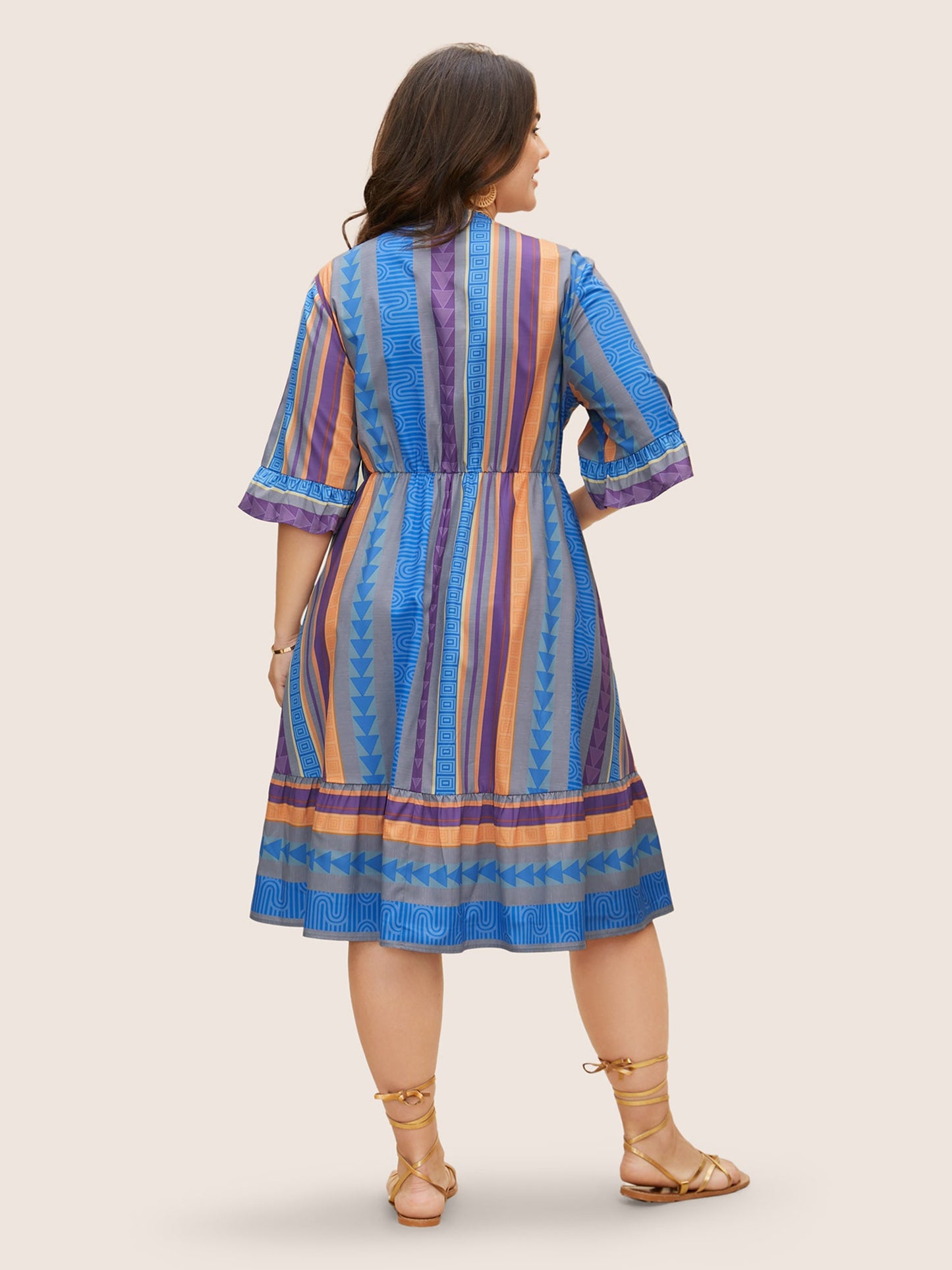 Notched Collar Geometric Striped Ruffle Sleeve Dress