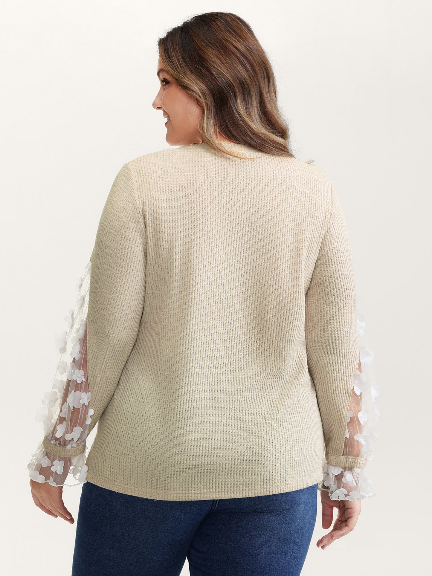 Floral Sheer Textured Sleeve V-Neck Sweatshirt