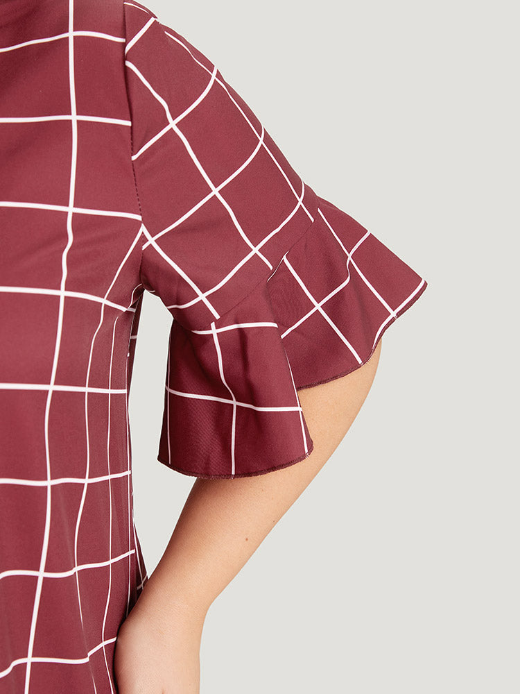 Plaid Frill Trim Bell Sleeve Flutter Hem Blouse