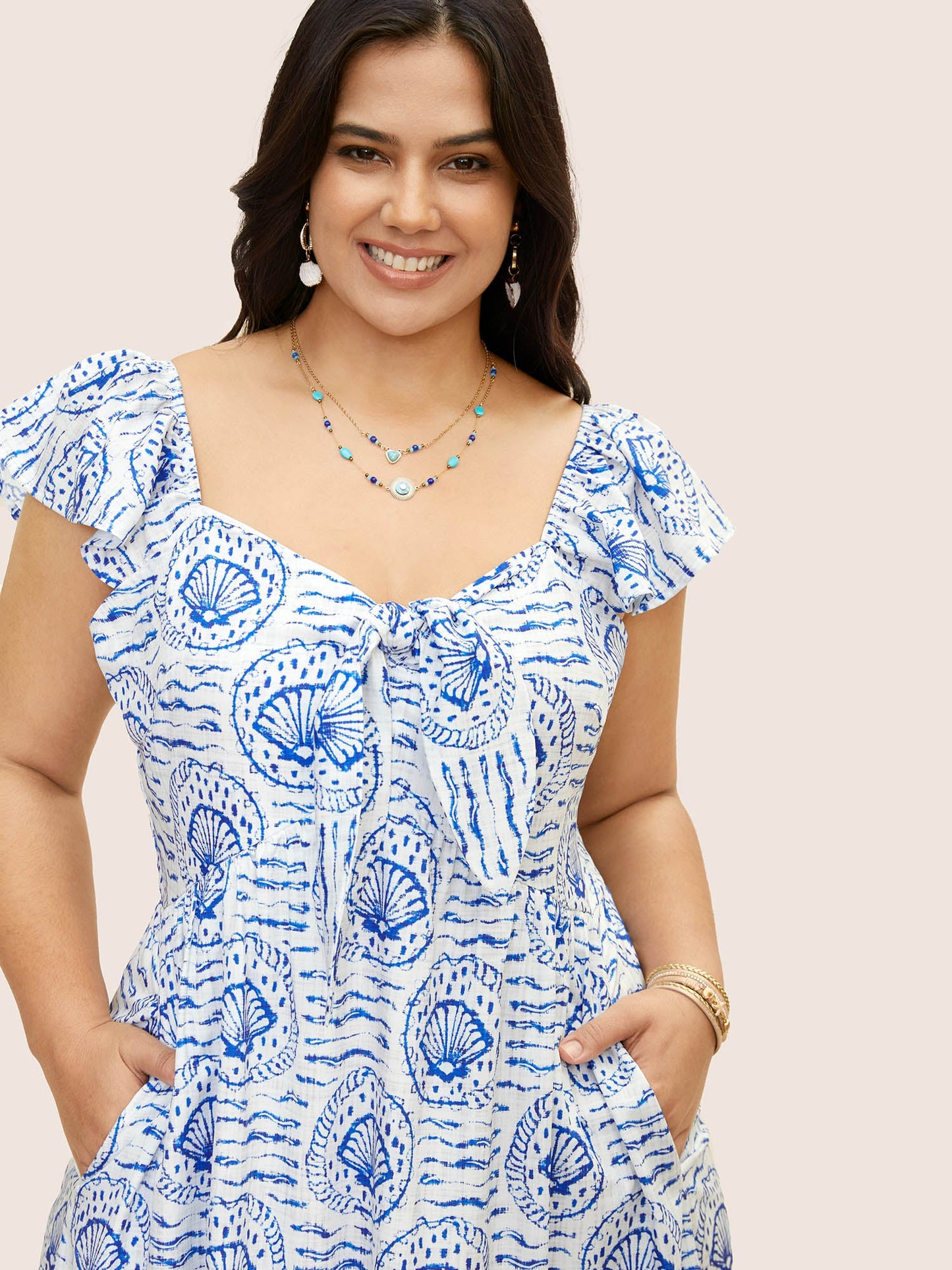 Marine Elements Ruffles Tie Knot Maxi Dress
