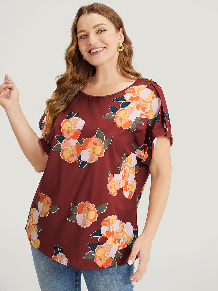 Floral Printed Roll Tab Sleeve Blouse