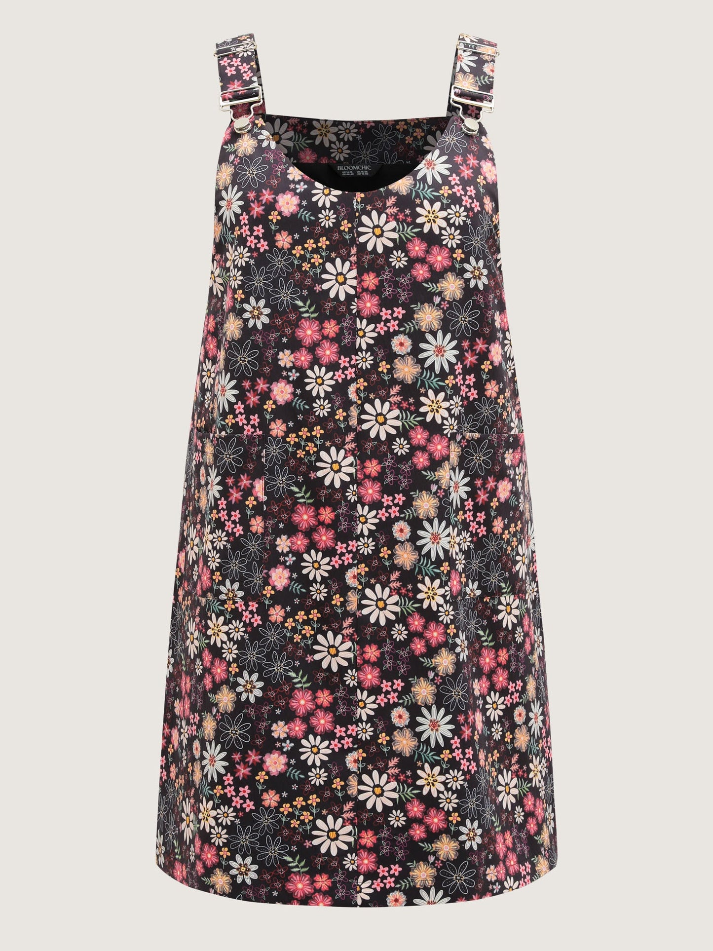 Floral Flocked Adjustable Straps Pockets Midi Dress