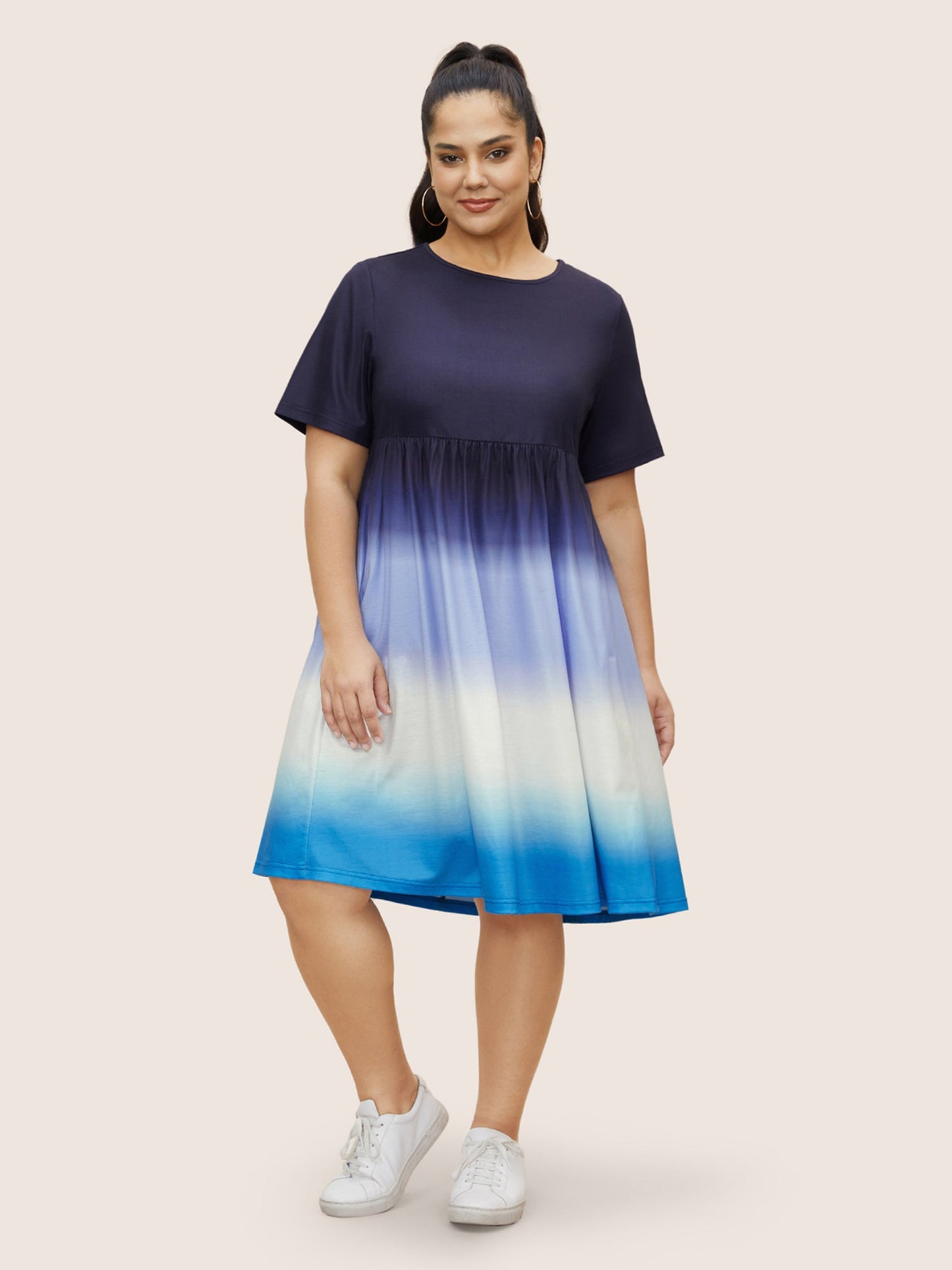 Ombre Tie Dye Round Neck Gathered Dress