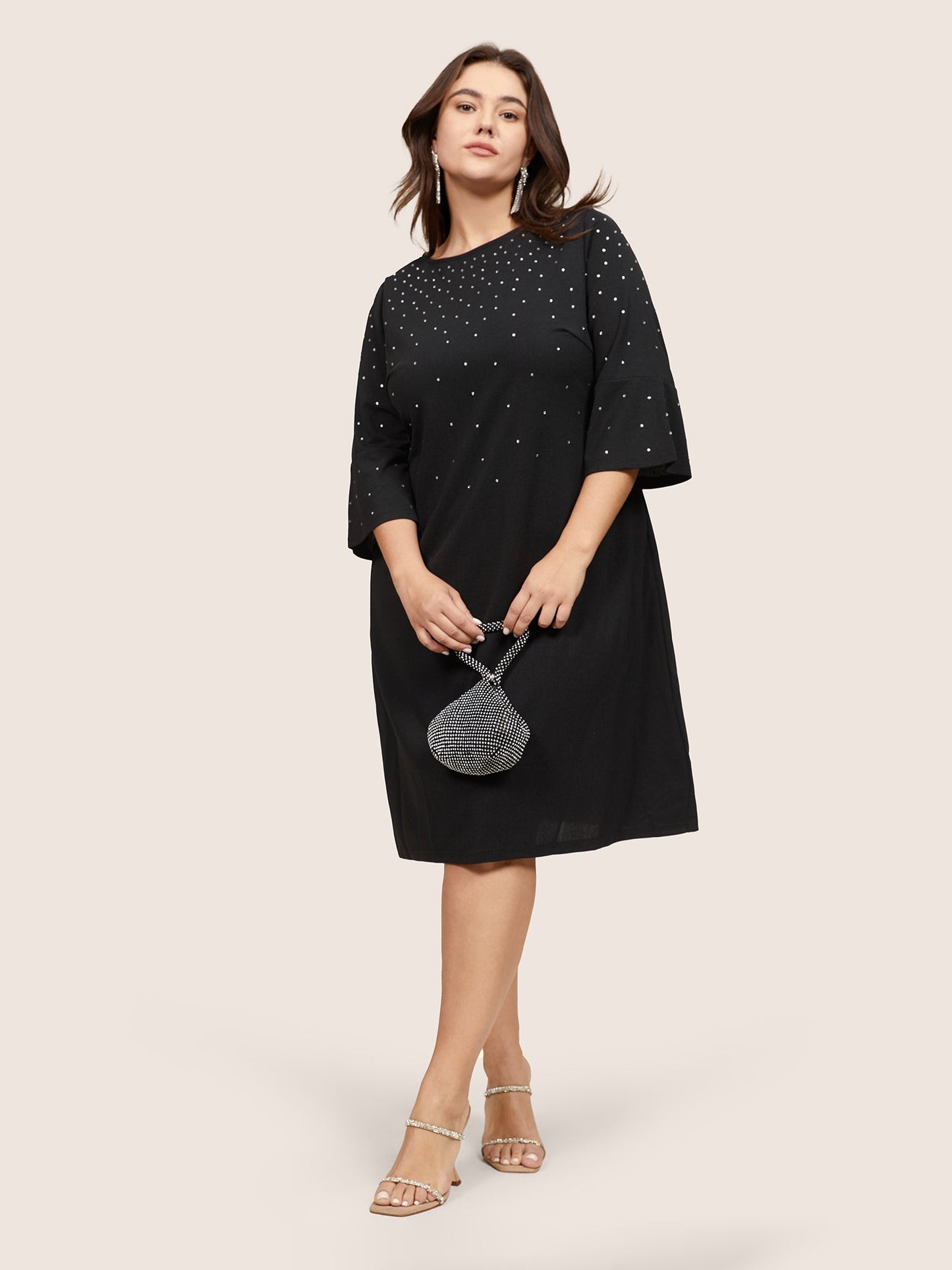 Rhinestone Curved Hem Bell Sleeve Dress