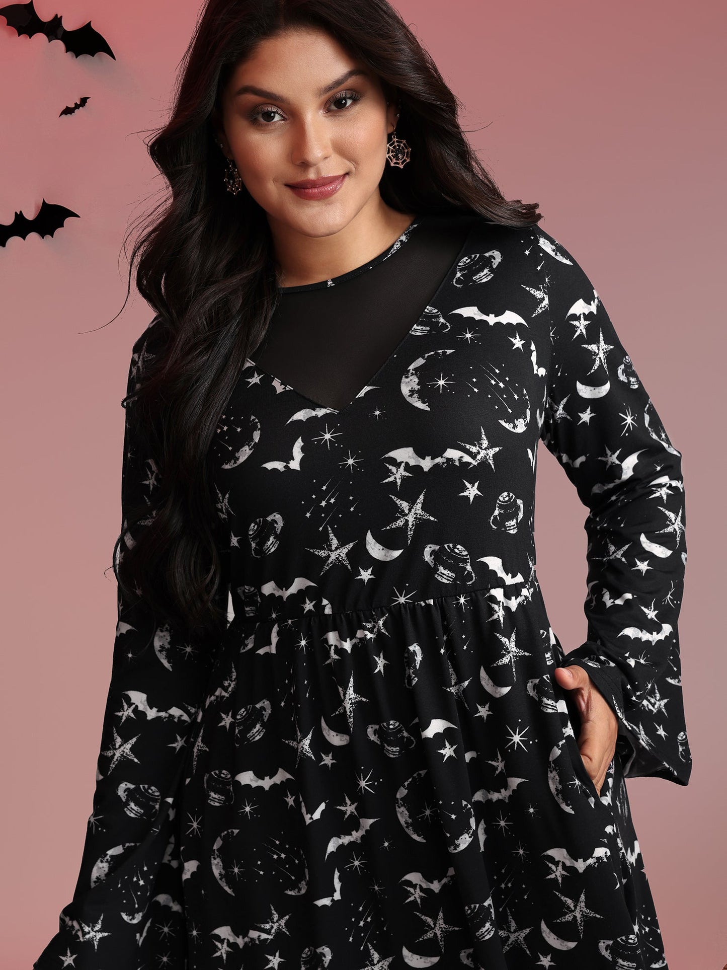 Celestial Halloween Print Sheer Pockets Maxi Dress