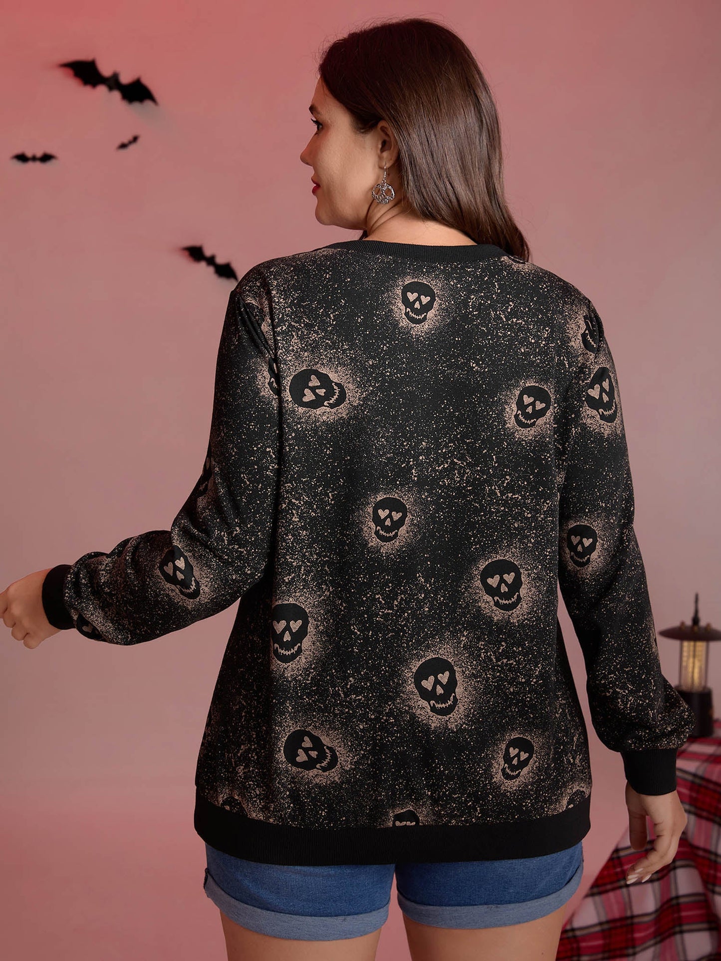 Spooky Skull Print Ribbed Hem Sweatshirt