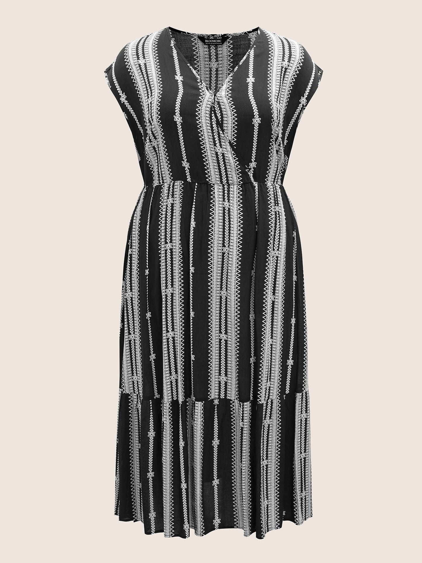 V Neck Striped Batwing Sleeve Ruffle Hem Dress