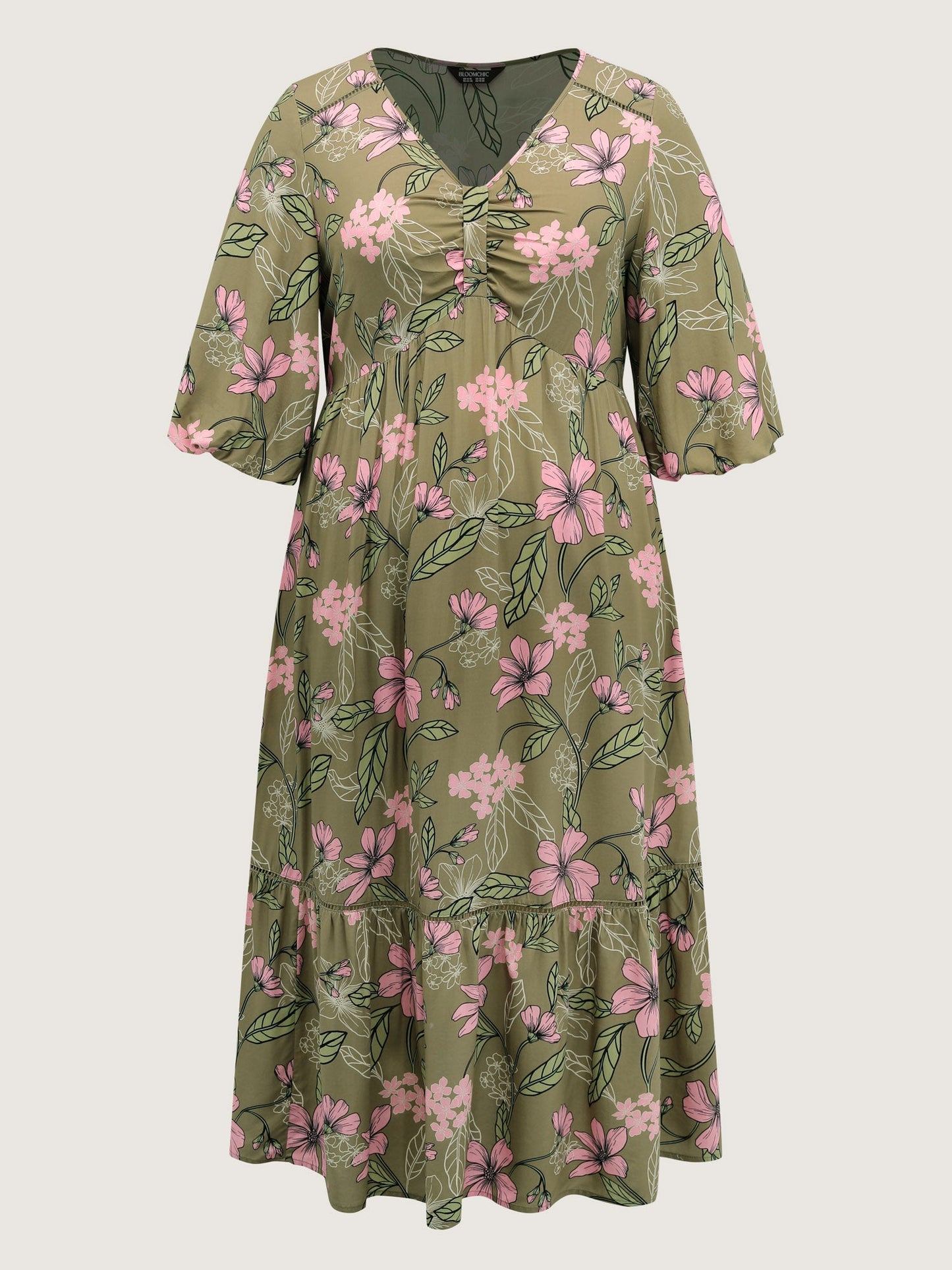 Garden Print Ruched V-Neck Maxi Dress