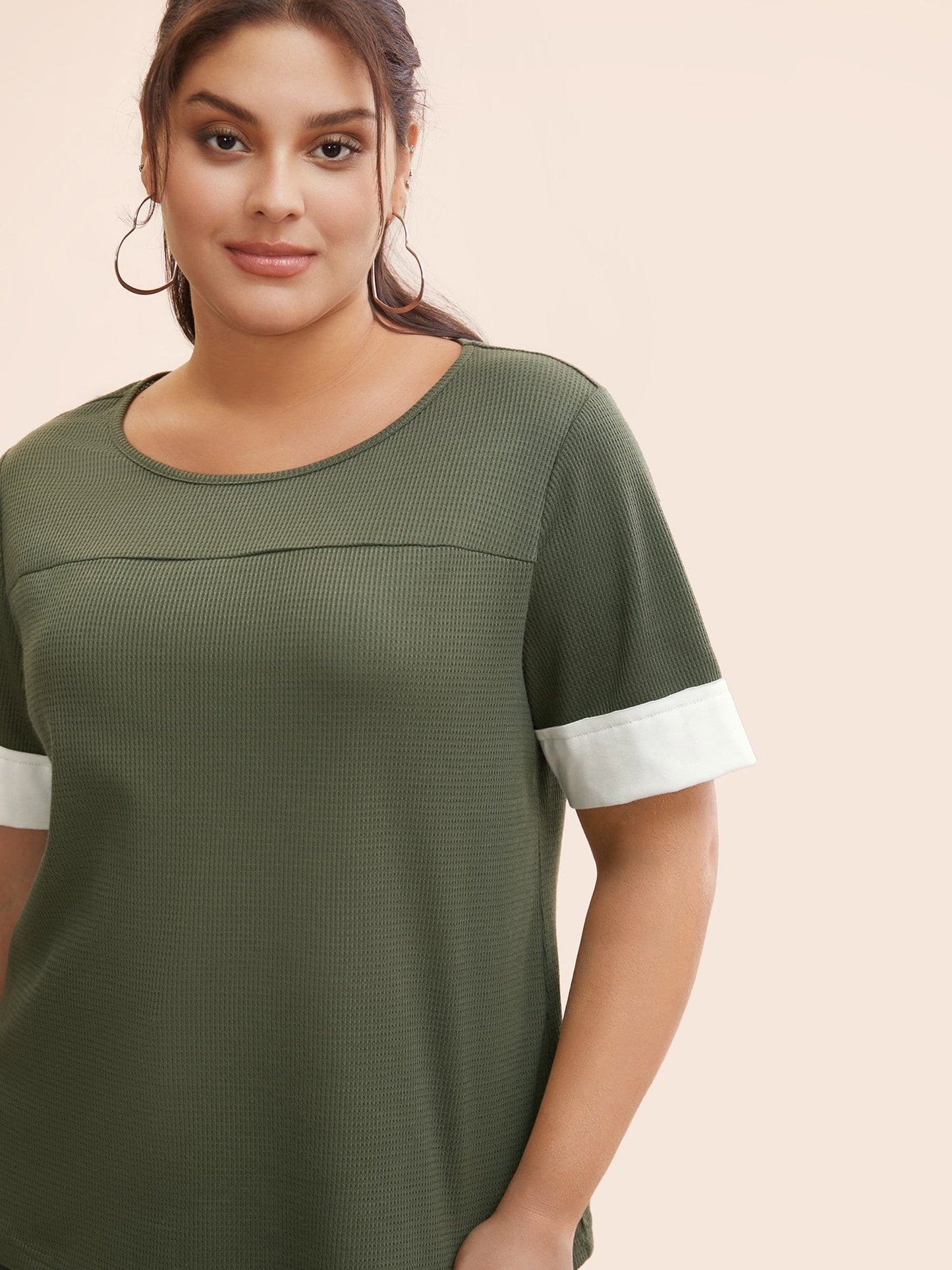 Crew Neck Waffle Knit Patchwork Contrast T-shirt