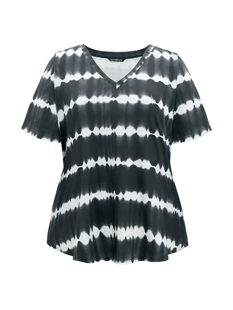 Striped Tie Dye Curved Hem T-shirt