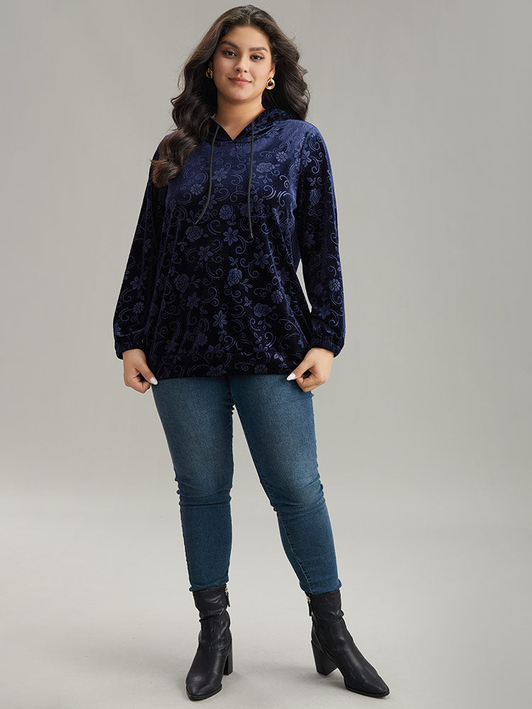 Velvet Solid Floral Hooded Drawstring Sweatshirt